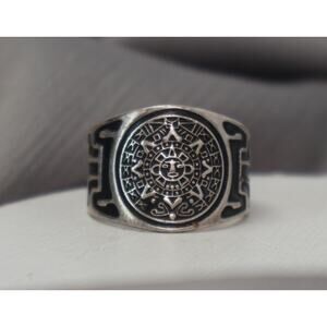 Vintage Mexico 925 Aztec Mayan Calendar Men’s Signet Ring 8.74G / Sz 11